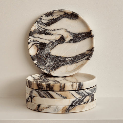 Black Blaze Linea Round Marble Tray Calacatta Decorative Tray Black Blaze - [store_name]