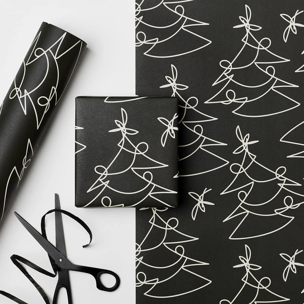 Kinshipped Christmas Tree Lines Black Wrapping Paper